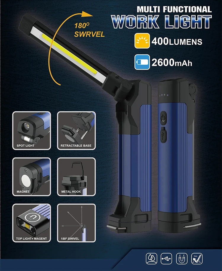 Rechargeable and adjustable outdoor camping portable LED floodlight USB flashlight magnetic led work light