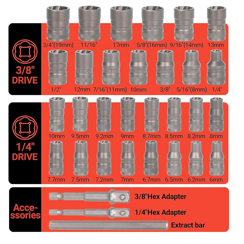 32PCS Impact Grade Extraction Socket Set