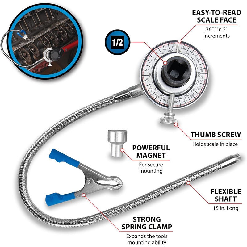 1/2" Sq Drive Angular Torque Gauge with Flexible Clip Arm