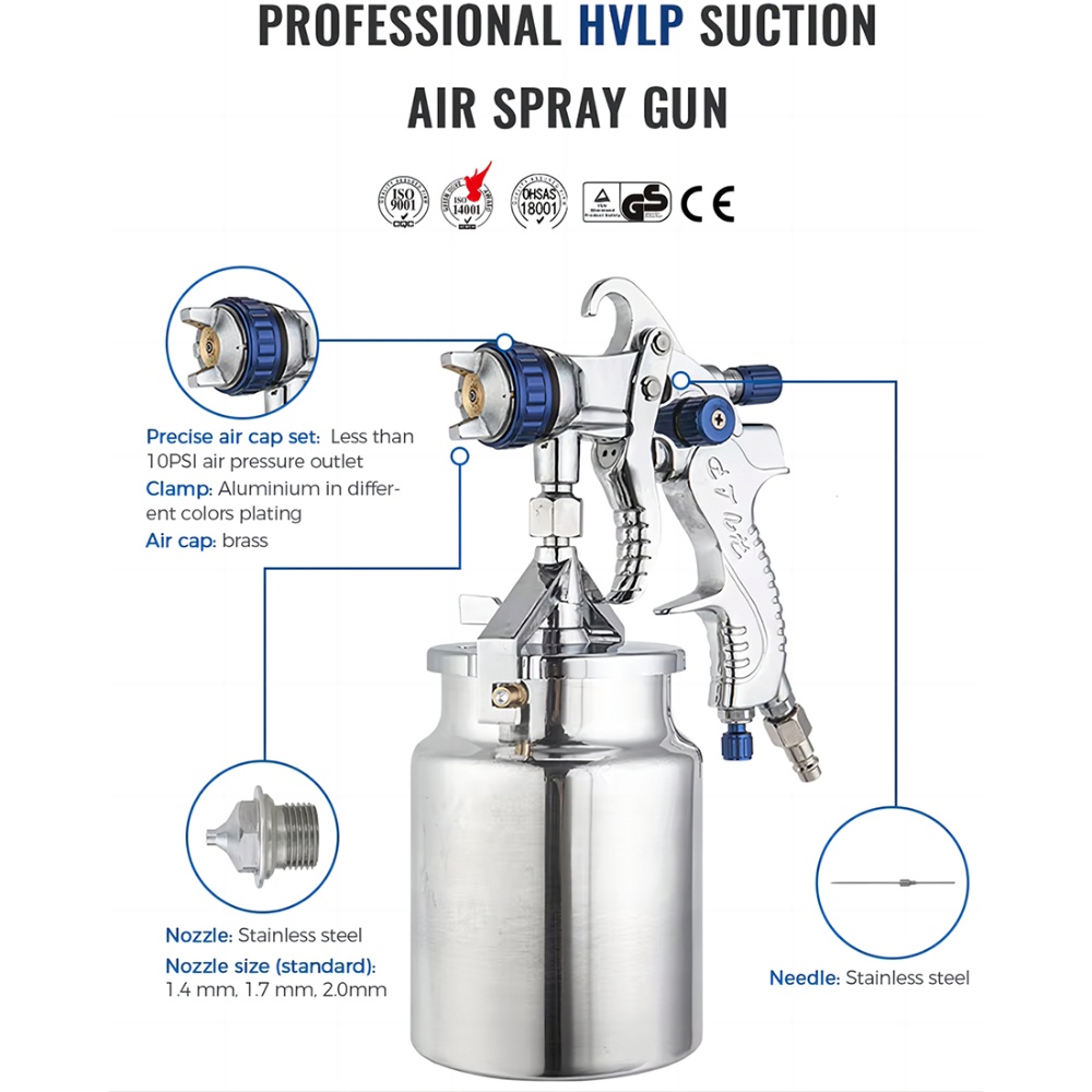 1.4/1.7/2.0mm 1000ML Suction Type Water Base Paint Pneumatic H.V.L.P Spray Gun