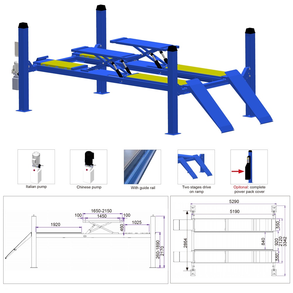 5T Four Post Double-level Alignment Lift with Little Scissor Lift