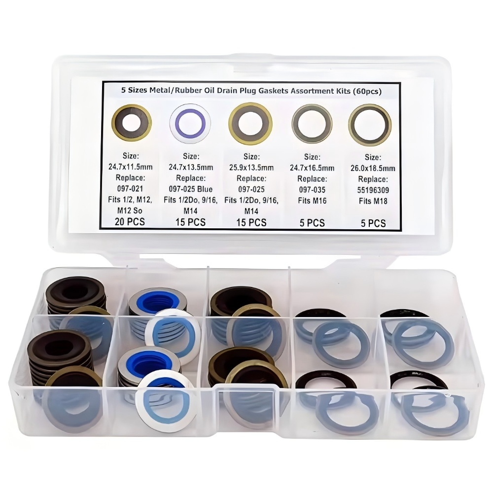 60PC Metal/Rubber Oil Drain Plug Gasket Assortment Kits