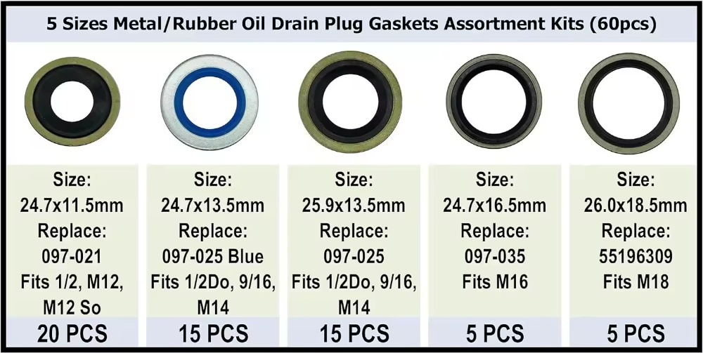 60PC Metal/Rubber Oil Drain Plug Gasket Assortment Kits