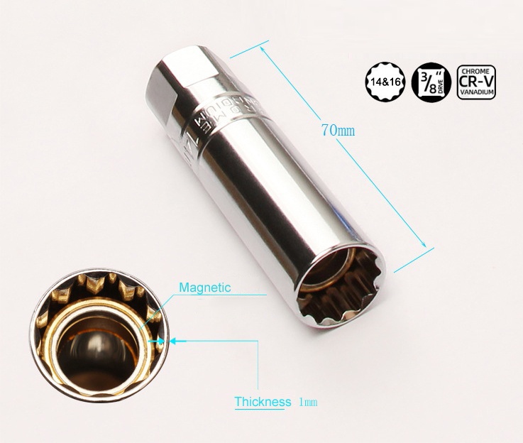 Long handle Universal Spark Plug Socket Wrench W/Magnetic Swivel 12-Angle