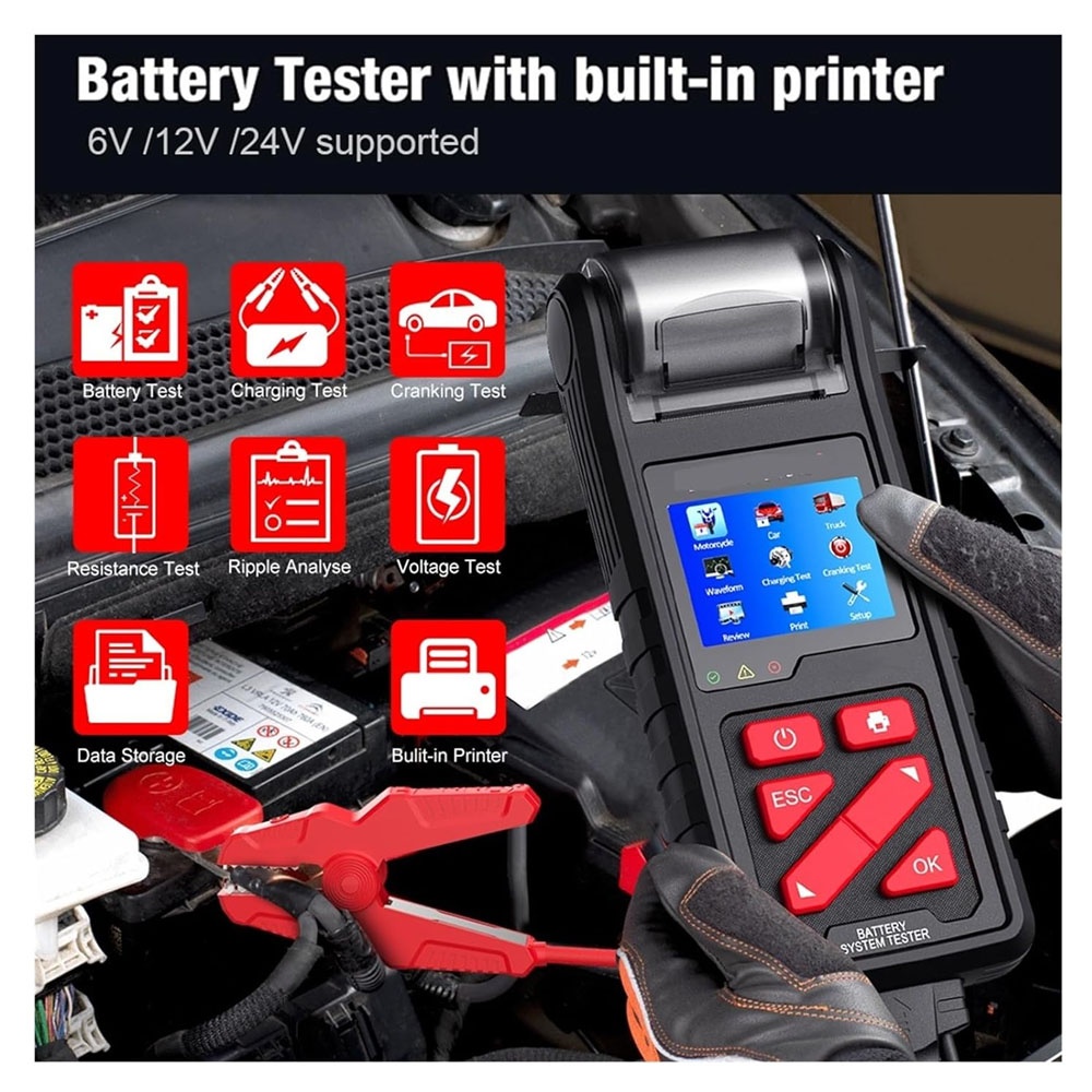 6V/​12V/24V Automotive Battery Tester with Built-in Printer