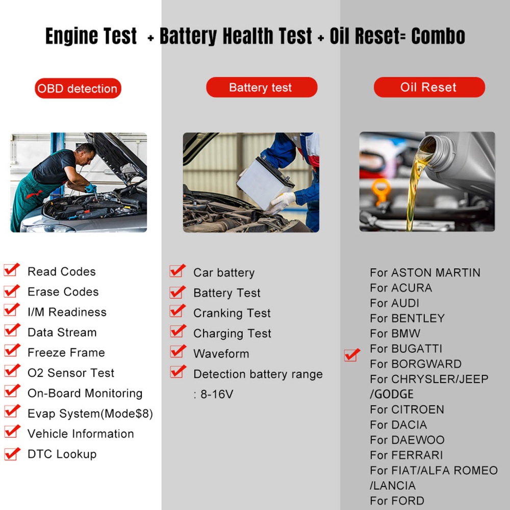 3 in 1 Battery Tester & Oil Service Light Reset & OBD2 Scanner Diagnostic Tool