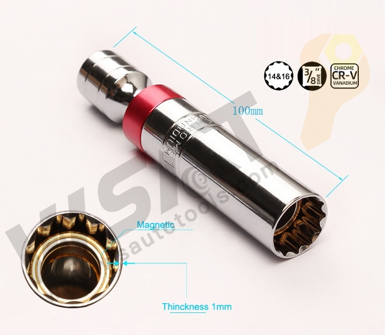 Long handle Universal Spark Plug Socket Wrench W/Magnetic Swivel 12-Angle