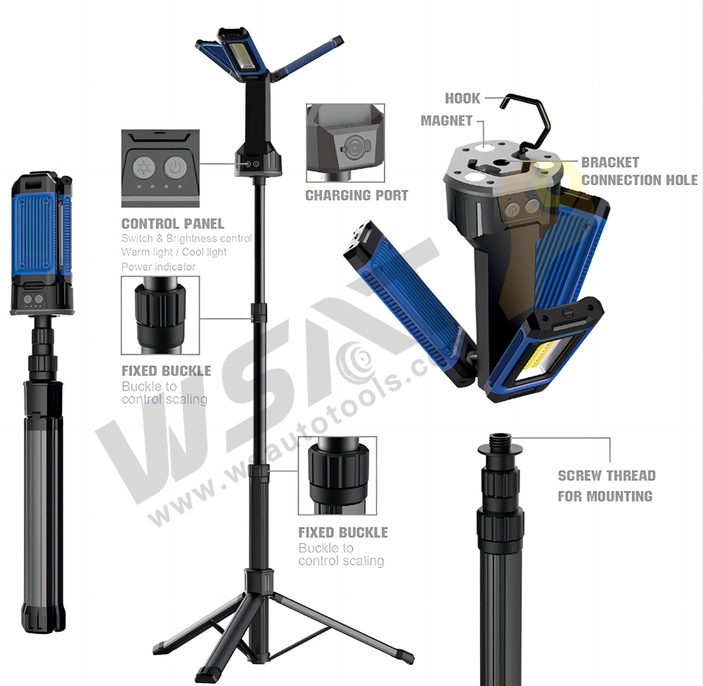 Portable 3-head LED Inspection Work lamp Rechargeable 7000lumen magnetic Tripod LED Work Light with Collapsible stand