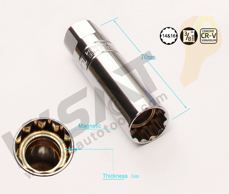 Long handle Universal Spark Plug Socket Wrench W/Magnetic Swivel 12-Angle