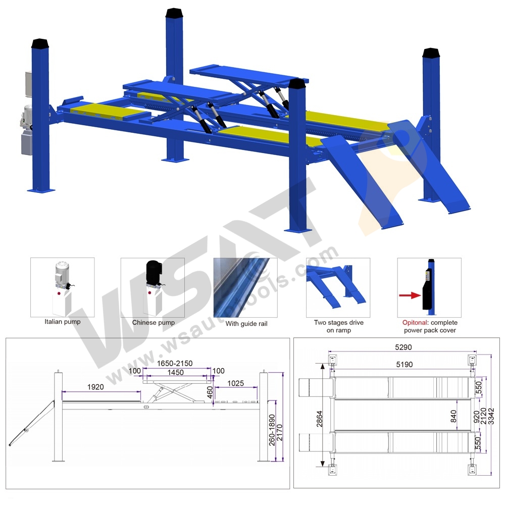 5T Four Post Double-level Alignment Lift with Little Scissor Lift