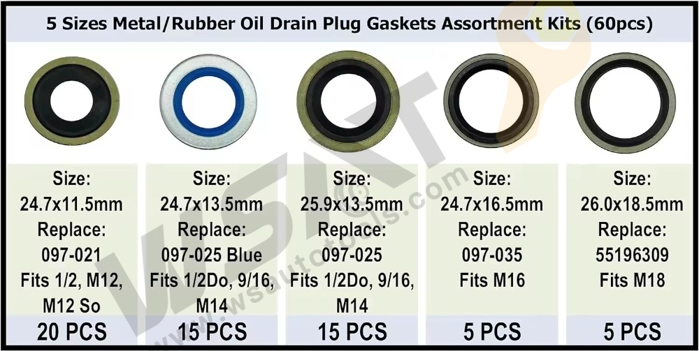 60PC Metal/Rubber Oil Drain Plug Gasket Assortment Kits