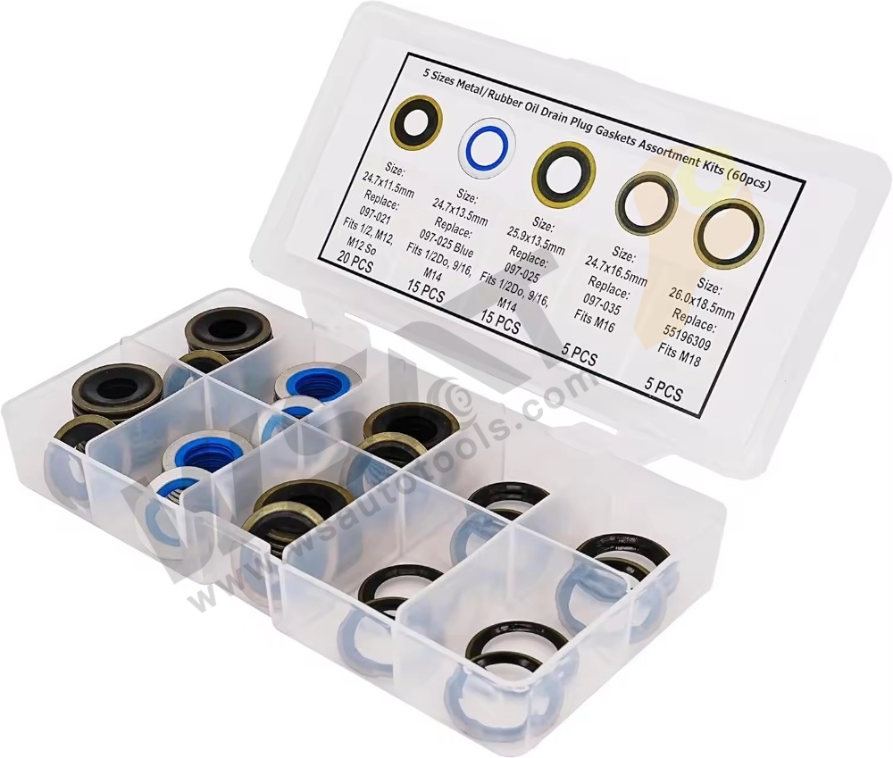 60PC Metal/Rubber Oil Drain Plug Gasket Assortment Kits