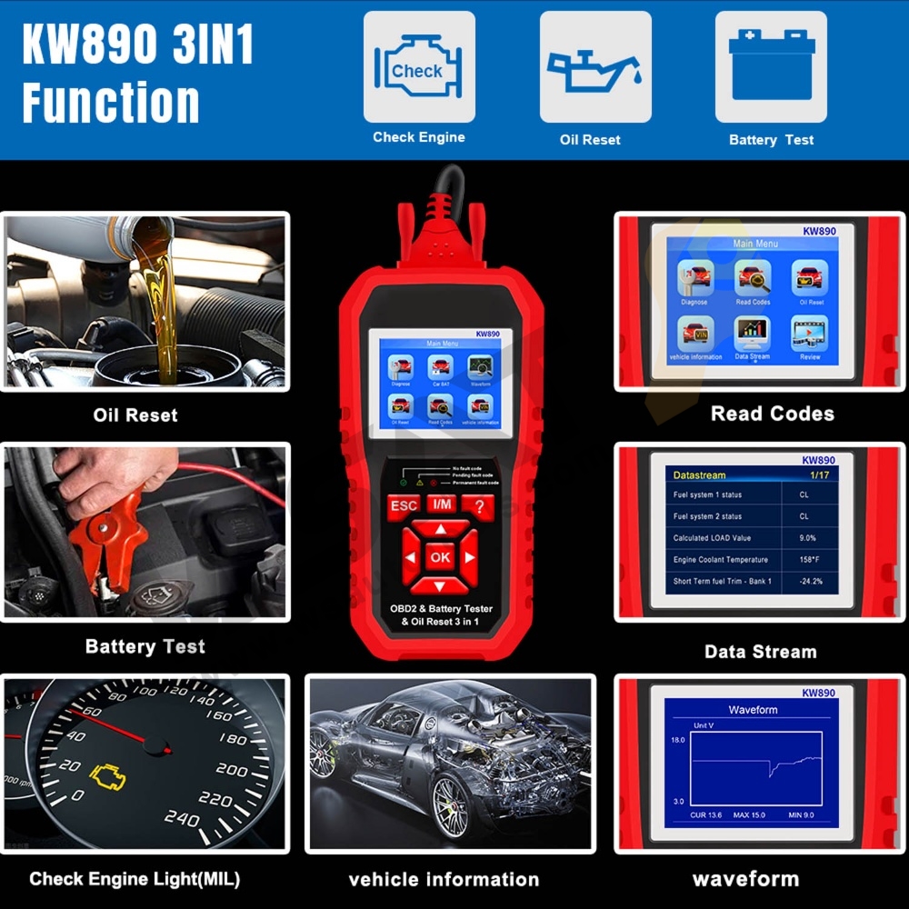 3 in 1 Battery Tester & Oil Service Light Reset & OBD2 Scanner Diagnostic Tool